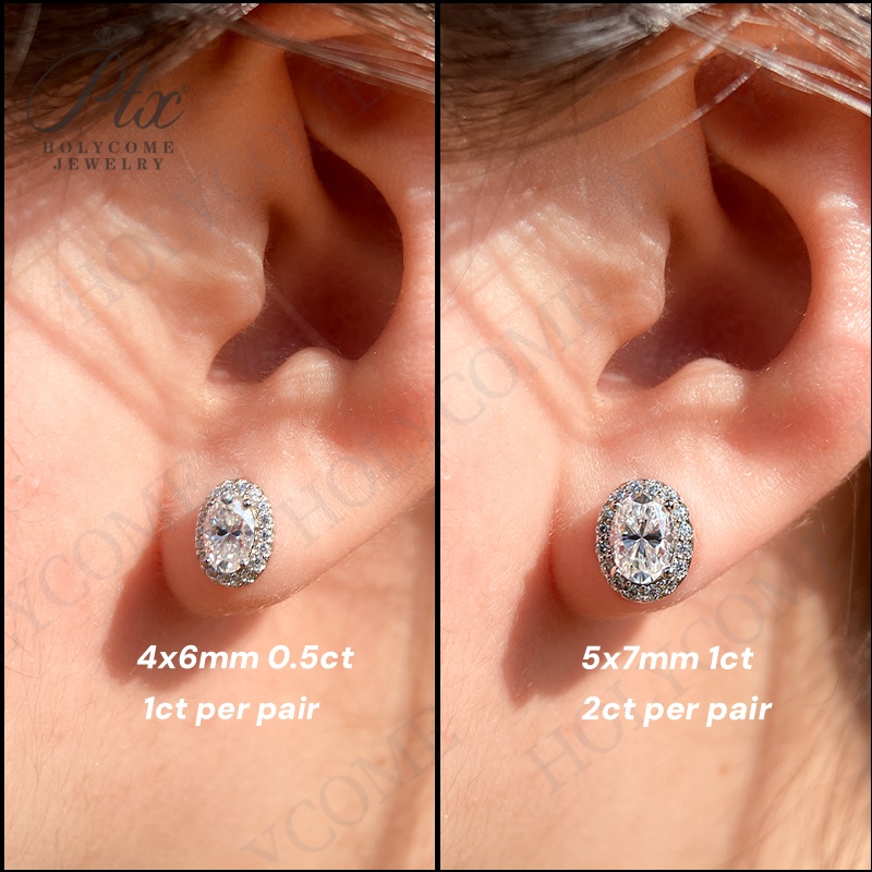 Oval Shaped Halo Moissanite Stud Earrings Pendant Necklace Set 1 Carat White Gold Finish 925 Sterling Silver for Bridal Jewellery