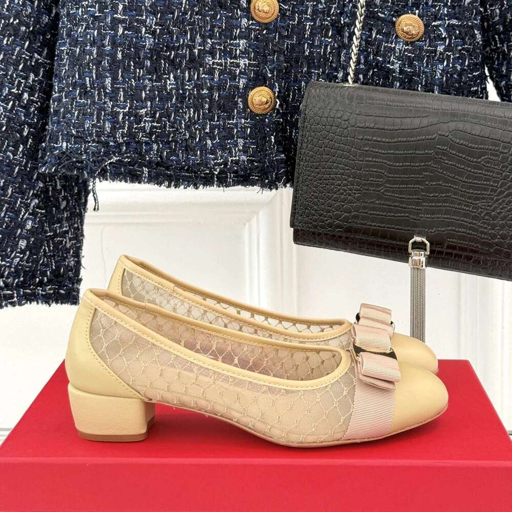 New Women Genuine Leather Pumps Med Heels Butterfly Knot Mesh Round Toe Slip On Party Designer Shoes Zapatillas De Mujer