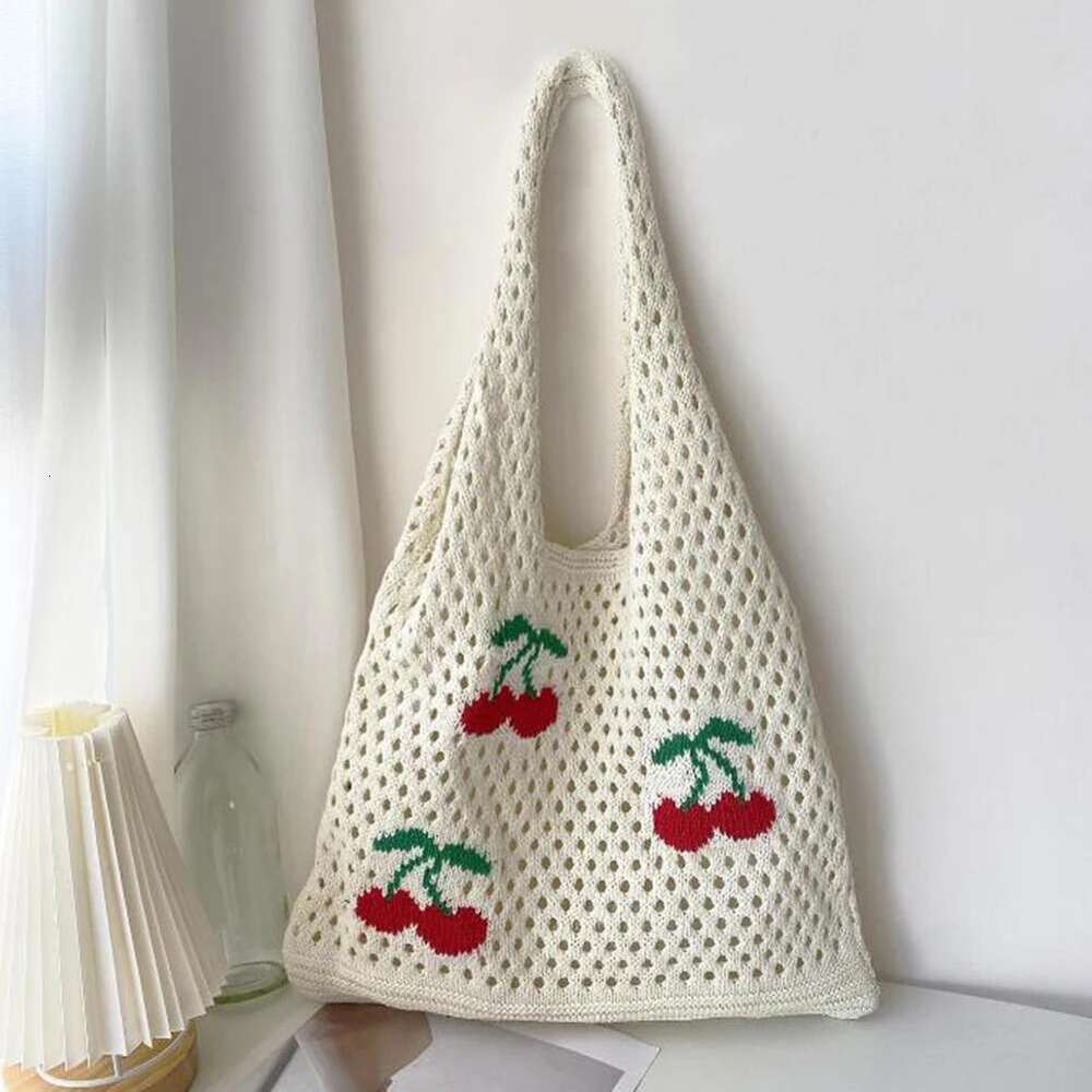 Cute Strawberry Cherry Crochet Shoulder For Women Large Shopper Casual Tote Handbags Summer Beach 2024 New Women's Bag