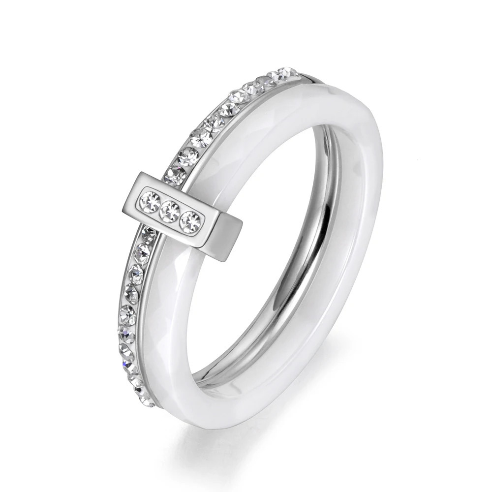 2 Layers Black/White Ceramic Crystal Wedding Rings Jewelry Rose Gold Plated Stainless Steel Rhinestone Engagement 250509