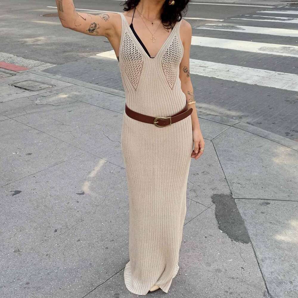 Fashionable plus-size women's clothing summer ins women's new hollowed out see through suspender knitted V-neck sleeveless backless long ski