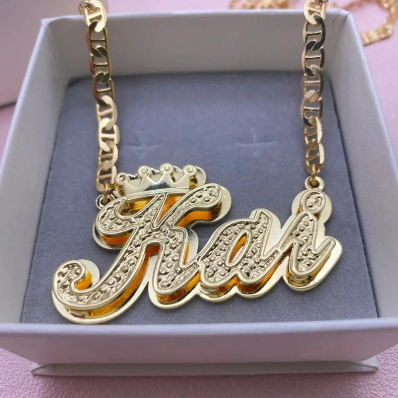 DHQH Customized 3D Name Necklace with Crown Personalized Double Layer Pendant Flat Chain Womens Stainless Steel Jewelry Gift 250512