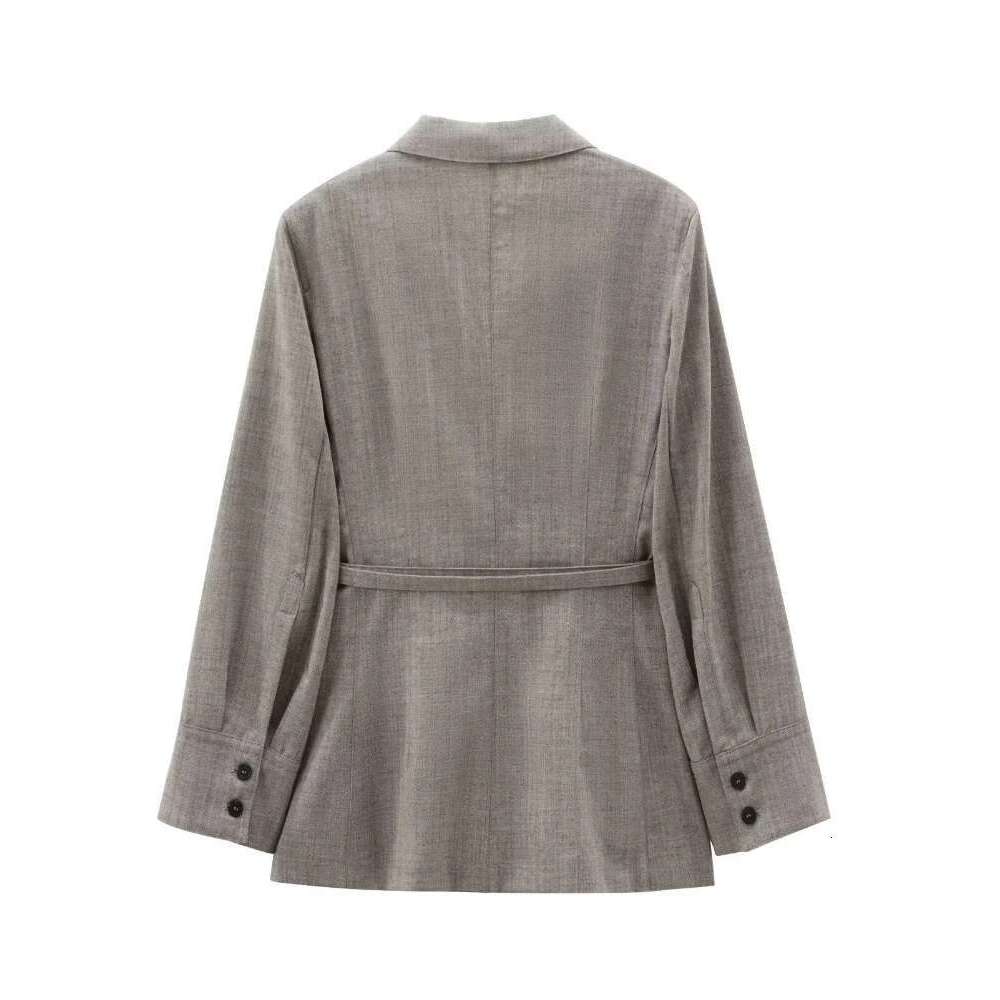 ZBZA Women Slim-fit Blazer with Belt Lapel Long Single Breasted Solid Sleeve Button Leisure Jacket Fall Winter Chic Coat