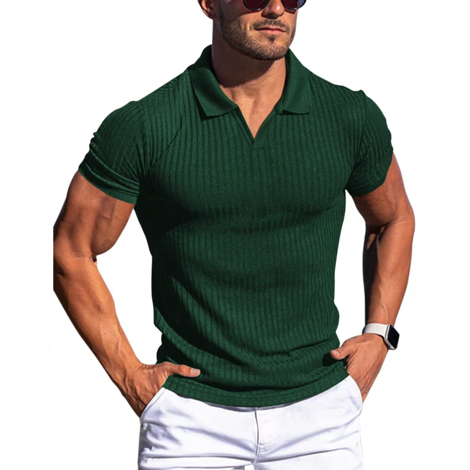 Summer polo shirt lapel V-neck vertical stripe short sleeve mens T-shirt250512