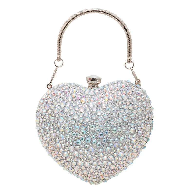 Dia Inlay Heart Shape Crystal Clutch Purse Stones Evening Wedding Party Shoulder Bags Handle Rhinestone Mini Handbags