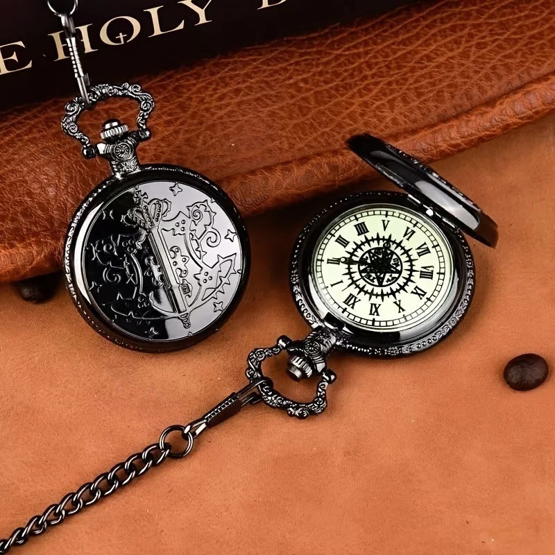 Black Deacon pocket watch anime pocket watch necklace watch dial fashionable quartz watch flip Roman 250512