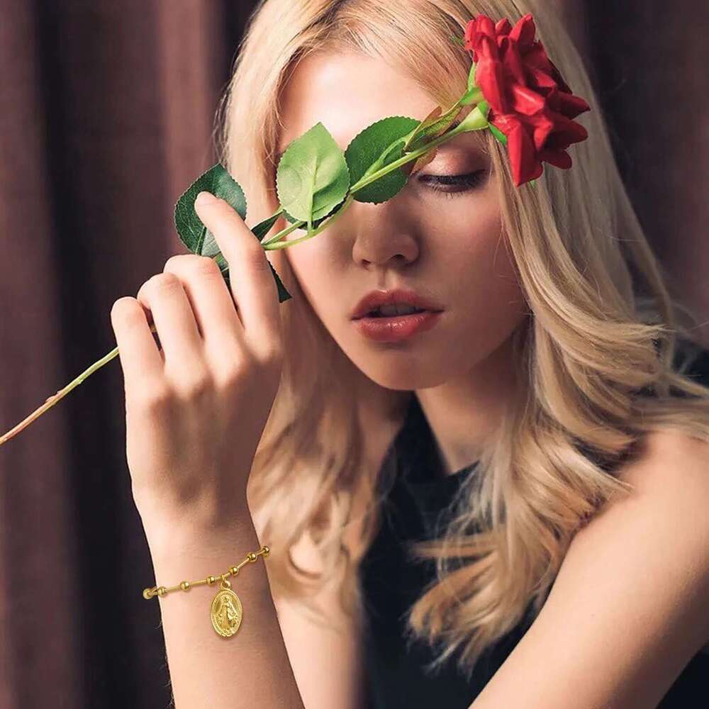 Vnox Rosary Bracelet For Women Girls, Gold Plated Stainless Steel Religious Cross And Virgin Mary Prayer Bracelets Gifts