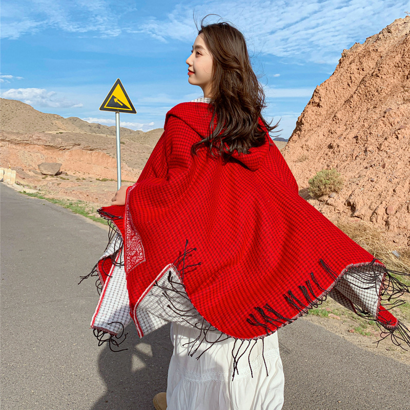 K695 Travel photography cape large shawl women autumn and winter outerwear sun protection hooded scarf red ethnic style knitted coat