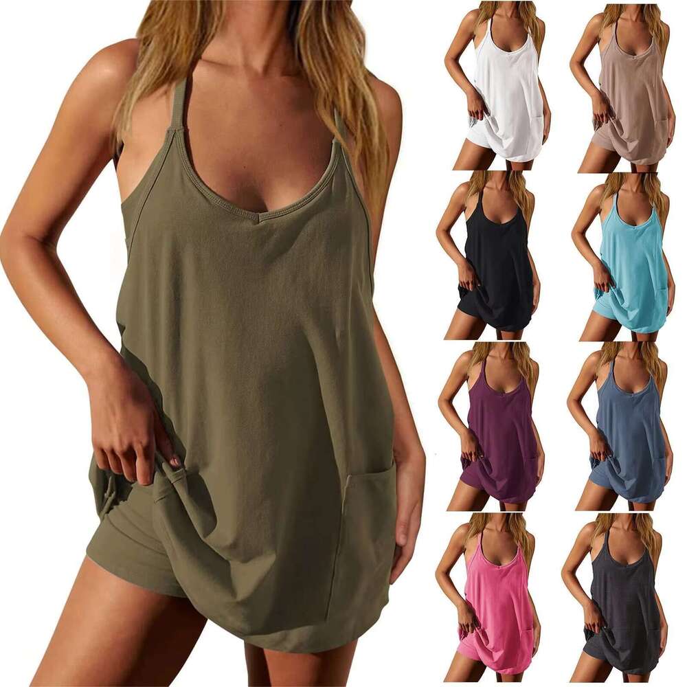 DHEssentials Summer women's sleeveless hot oversized one-piece pocket split/built-in shorts mini dress