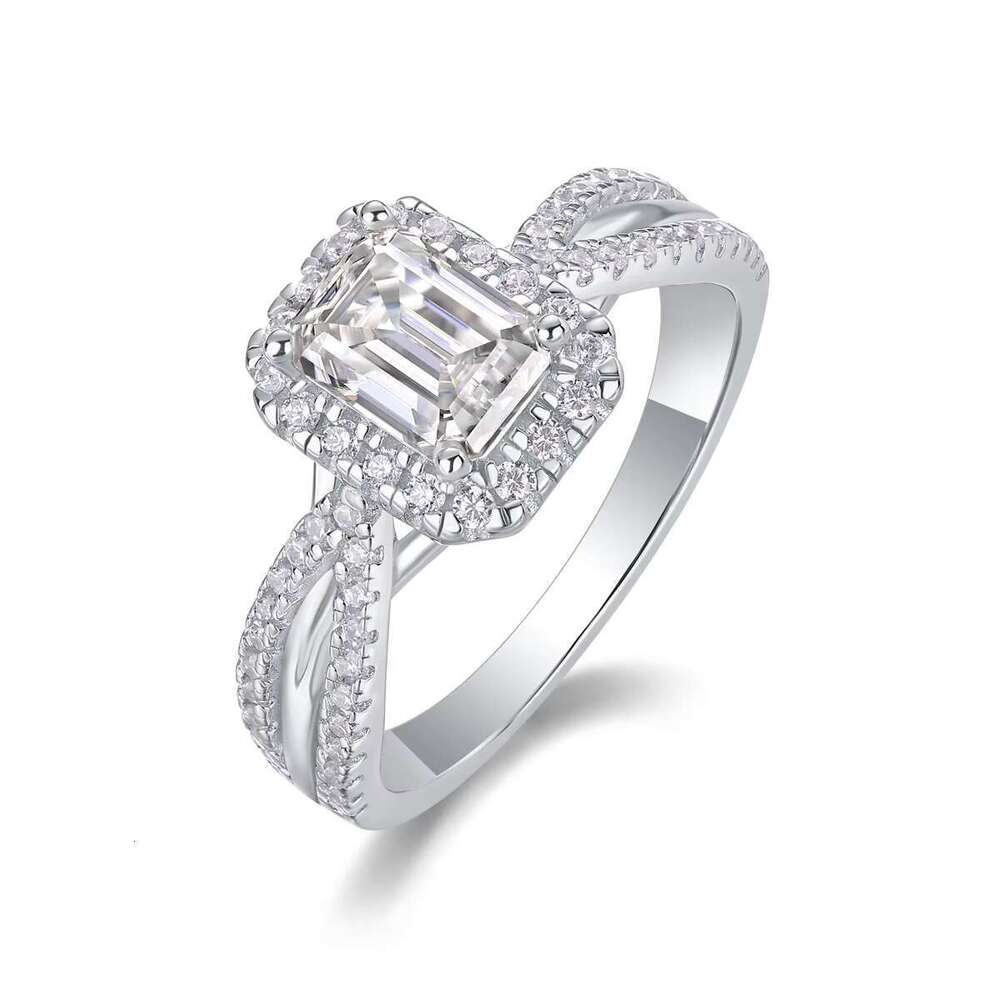 Fashionable silica emerald cut wide open handle ring - double-layer pointed set, pure silver, size 5-9, USA