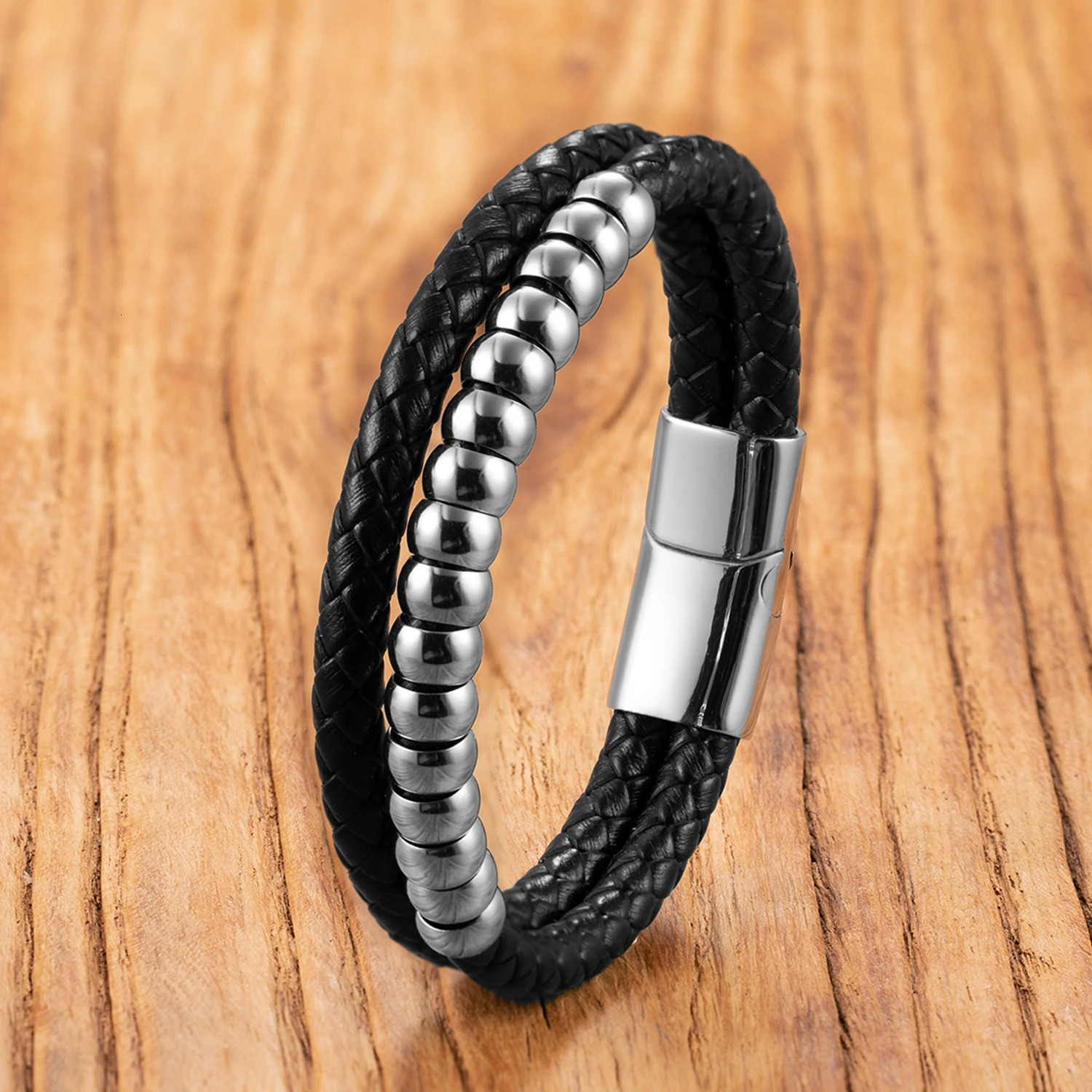 Handmade Genuine Leather Bracelet with Stainless Steel beaded doubledeck Unisex Jewelry Gift for CoupleBirthday 250512