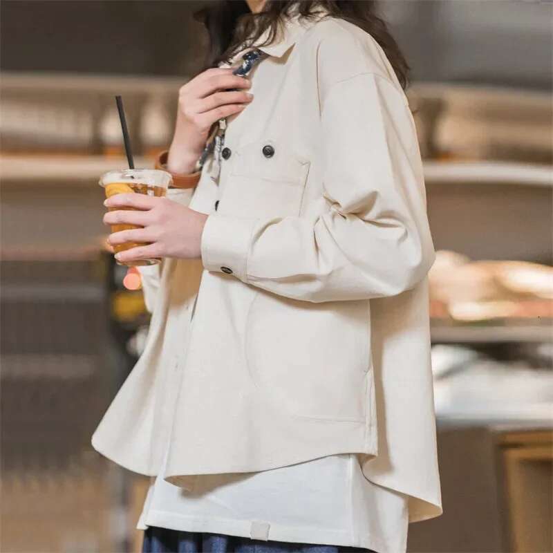 Maden Spring New Women's Casual Pocket Shirt Jackets Vintage Long Sleeve Oversized Blouse Solid Color Loose Outwear Tops