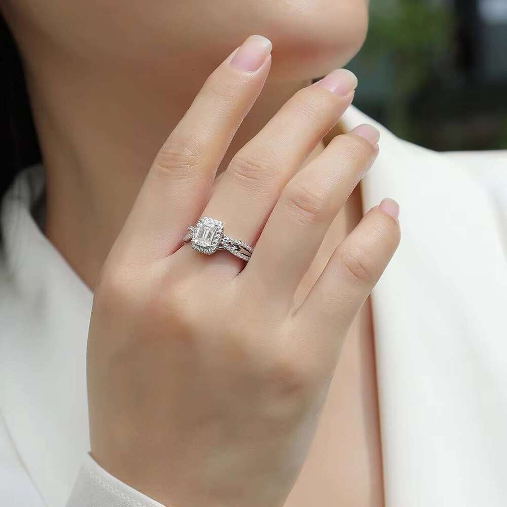 Fashionable silica emerald cut wide open handle ring - double-layer pointed set, pure silver, size 5-9, USA