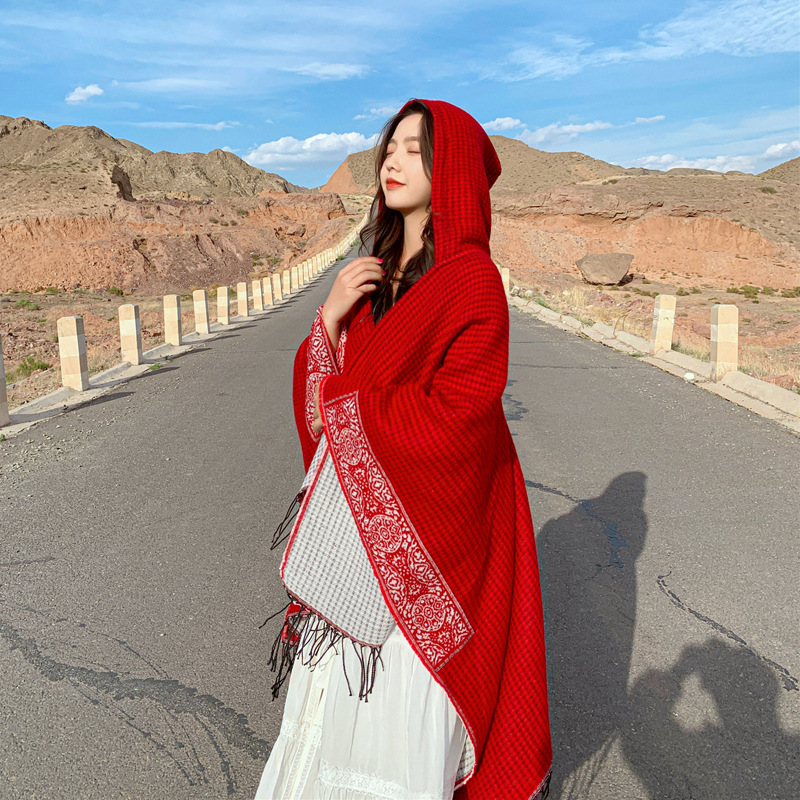 K695 Travel photography cape large shawl women autumn and winter outerwear sun protection hooded scarf red ethnic style knitted coat
