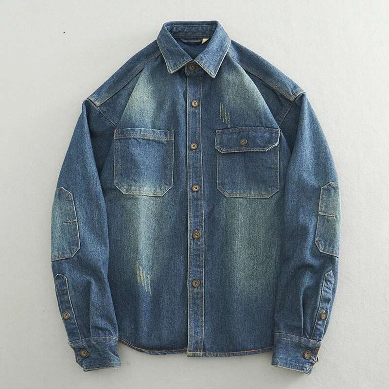 Chunky Washed Denim Shirt For Men Autumn/Winter Youth Retro Casual Loose Shirt Jacket
