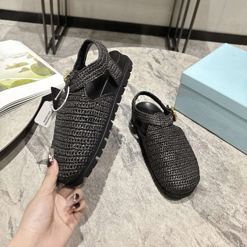 New Women Size35-41 Weaving Sandals Round Toes Beach Flats Buckle Strap Genuine Leather Designer Shoes Zapatillas De Mujer
