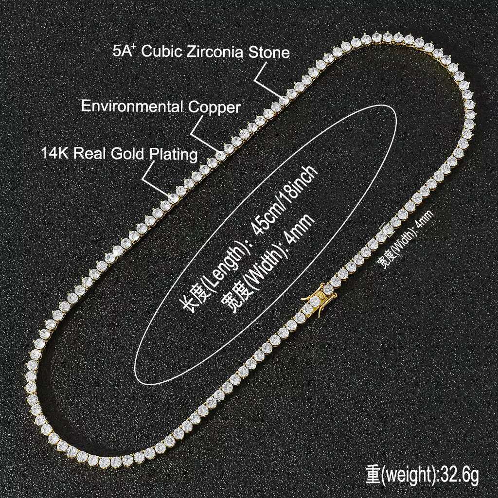 4mm Cubic Zirconia Tennis Chain Necklace 18k Gold Plated Mens Cuban Link Chain