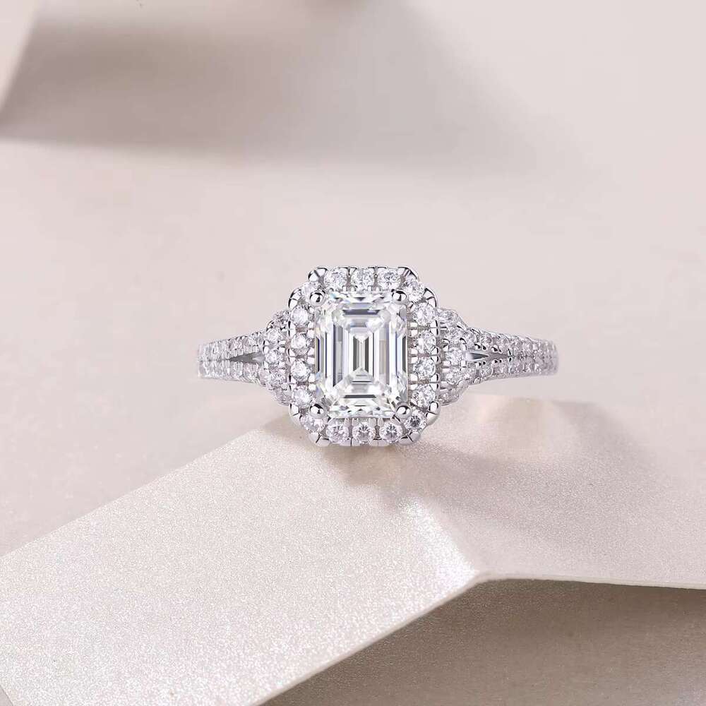 Elegant spodumene emerald cut open handle ring - double-layer pointed set, pure silver, size 5-9, USA