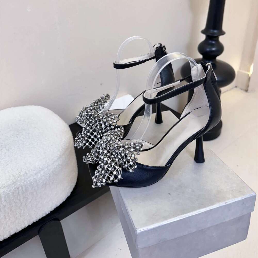 Women Size34-41 Genuine Leather Sandals Super High Heels Butterfly Knot Crystal Pumps Designer Shoes Zapatillas De Mujer
