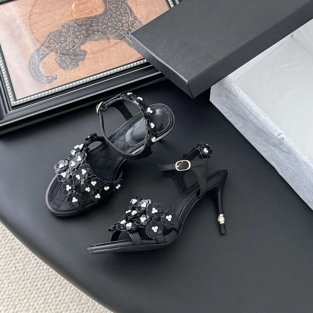 Women Size35-41 Genuine Leather Sandals Super High Heels Flowers Pearls Pumps Summer Designer Shoes Zapatillas De Mujer