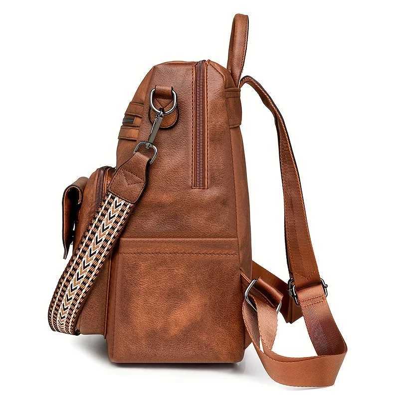 Vintage Womens Backpack Large Capacity Leopard Print Block Design with Tassel Stain-Resistant Leather Z250512