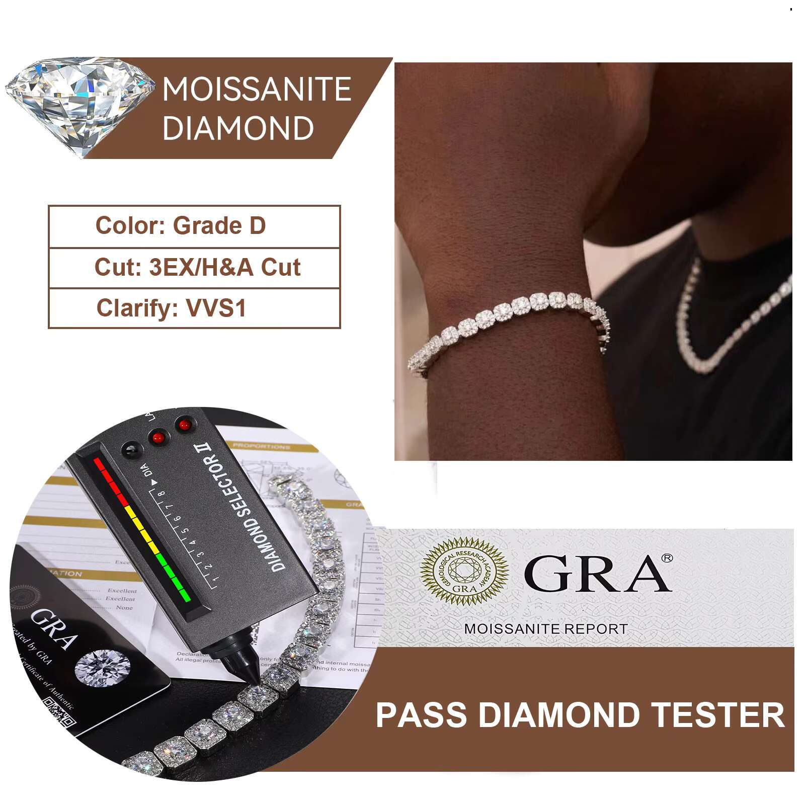Iced Out Diamond Hip Hop Jewelry Real Sterling Silver 925 6mm Vvs Moissanite Factory Outlet Men Link Chain Bracelet for Party