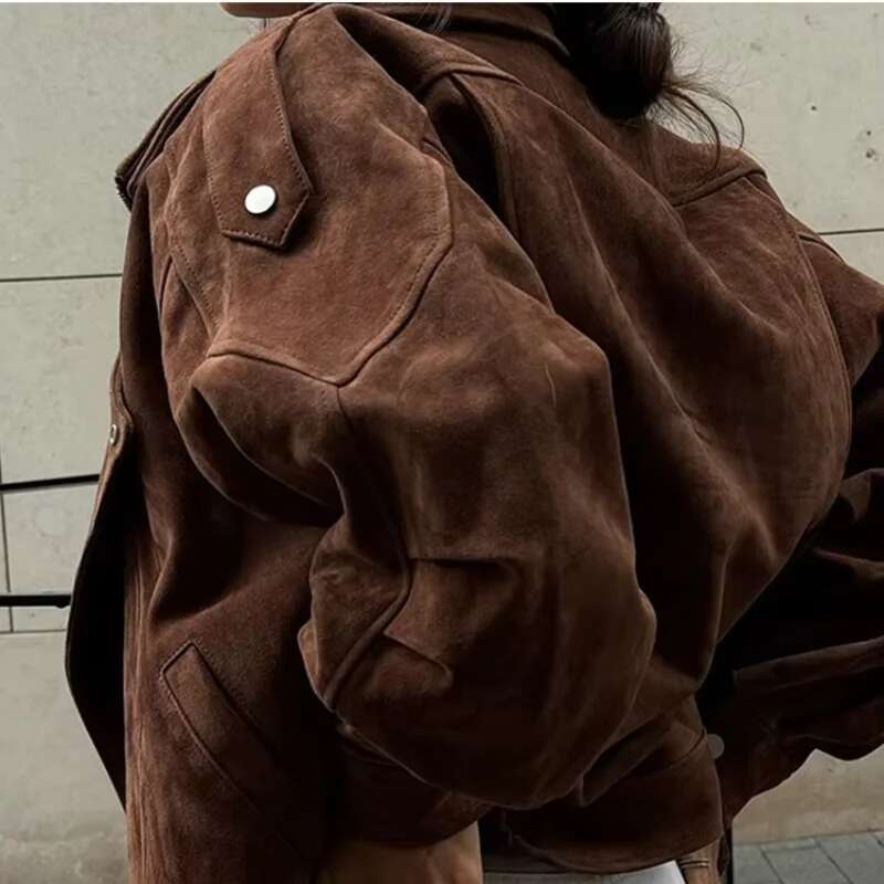 Chic Brown Faux Suede Cropped Casual Coat Vintage Lapel Solid Zipper Short Jacket 2025 Autumn Woman New Padded Shoulder Jackets