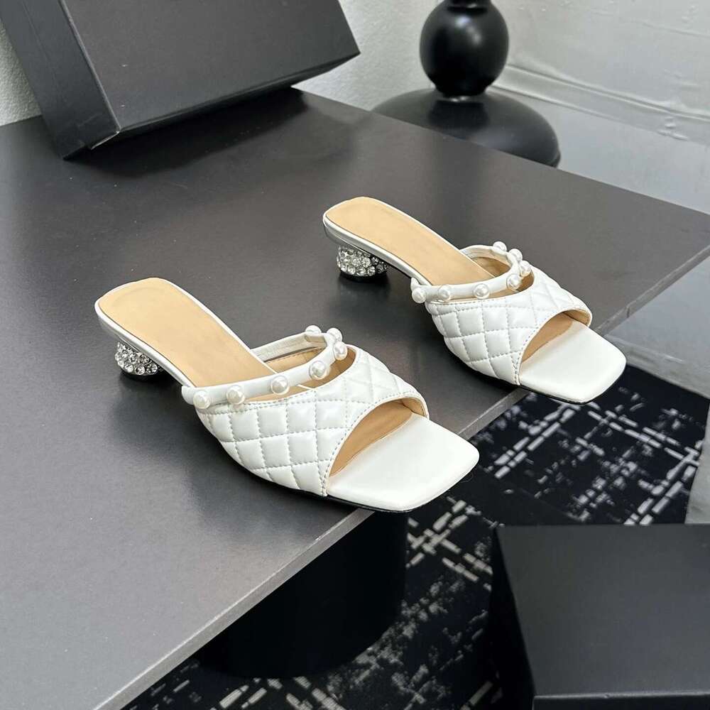 Women Size34-41 Genuine Leather Slippers Med Heels Crystal Sewing Pearl Summer Slides Designer Shoes Zapatillas De Mujer
