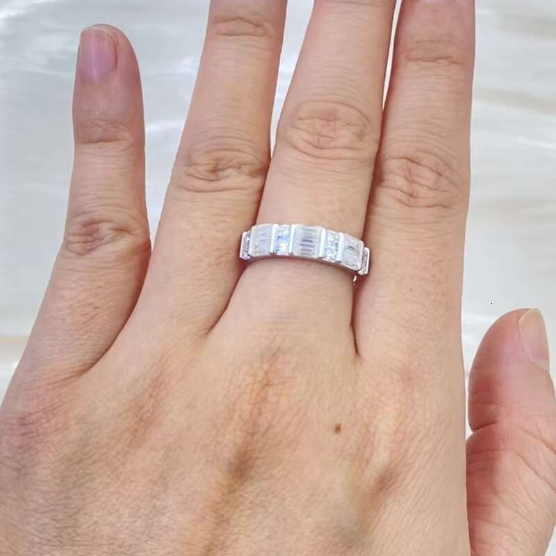 Star Track Promise Rectangle and Round Moissanite Diamond Ring S925 Silver Simple Fashion