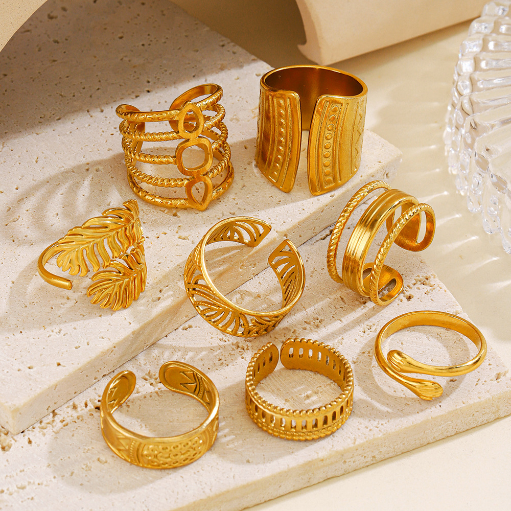 Popular Instagram Style Stainless Steel Leaf Female Personality Hip Hop Gold Plated Geometric Open Ring