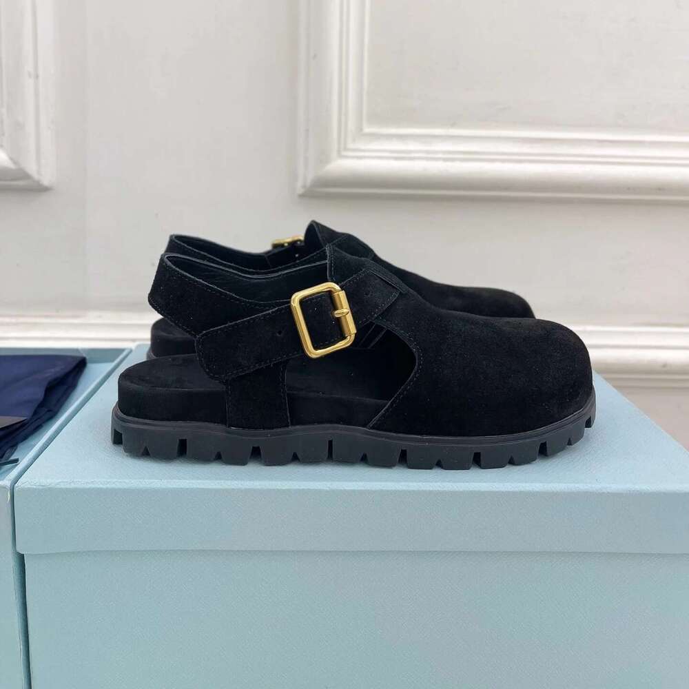 Women Size35-42 Natural Cow Suede Sandals Beach Flats Round Toe Buckle Strap Leisure Designer Shoes Zapatillas De Mujer