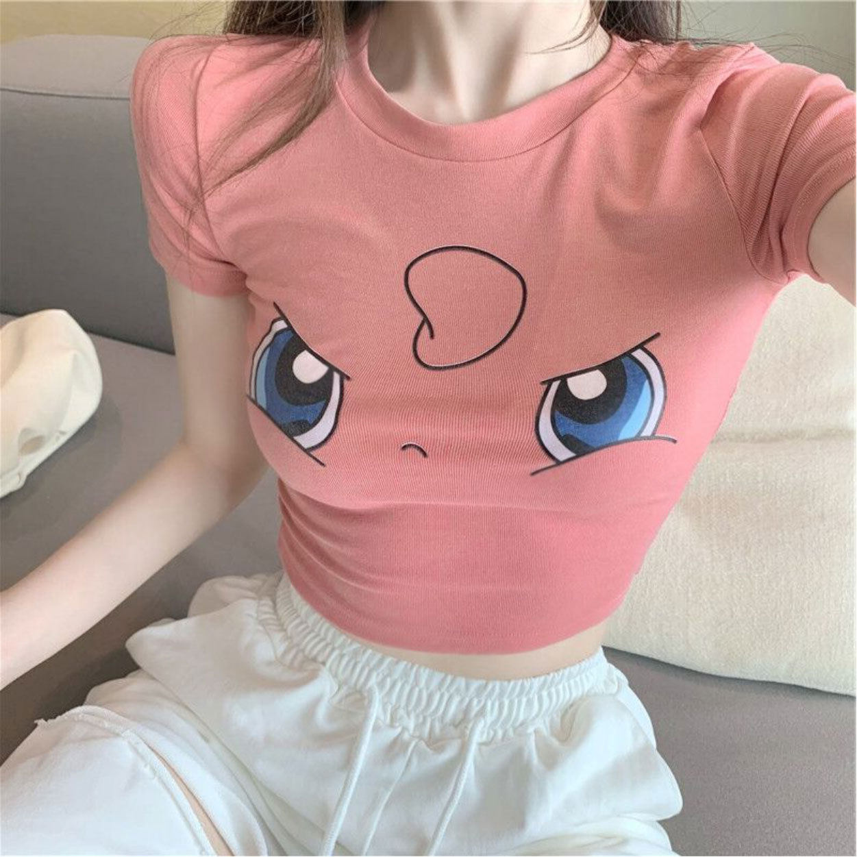 Women's T Shirts Summer Crop Top Slim Fit Shirt Tight T-shirt Fashion Sexy Cute Emoticon Cartoon Tops Print Women Clothing