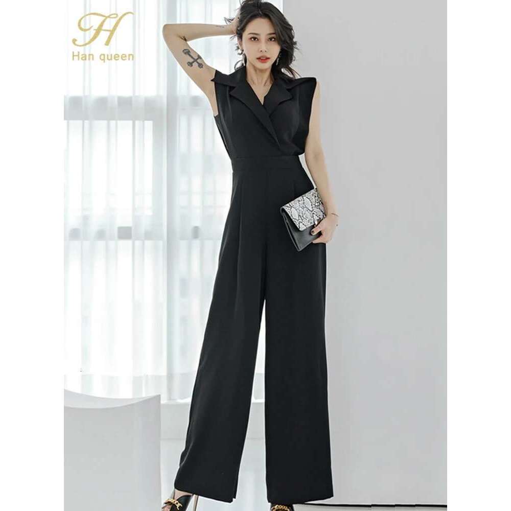 H Han Queen New Korean Sleeveless Elegant Summerr Business Jumpsuits Women Wide Leg Long Playsuits Casual Office Rompers