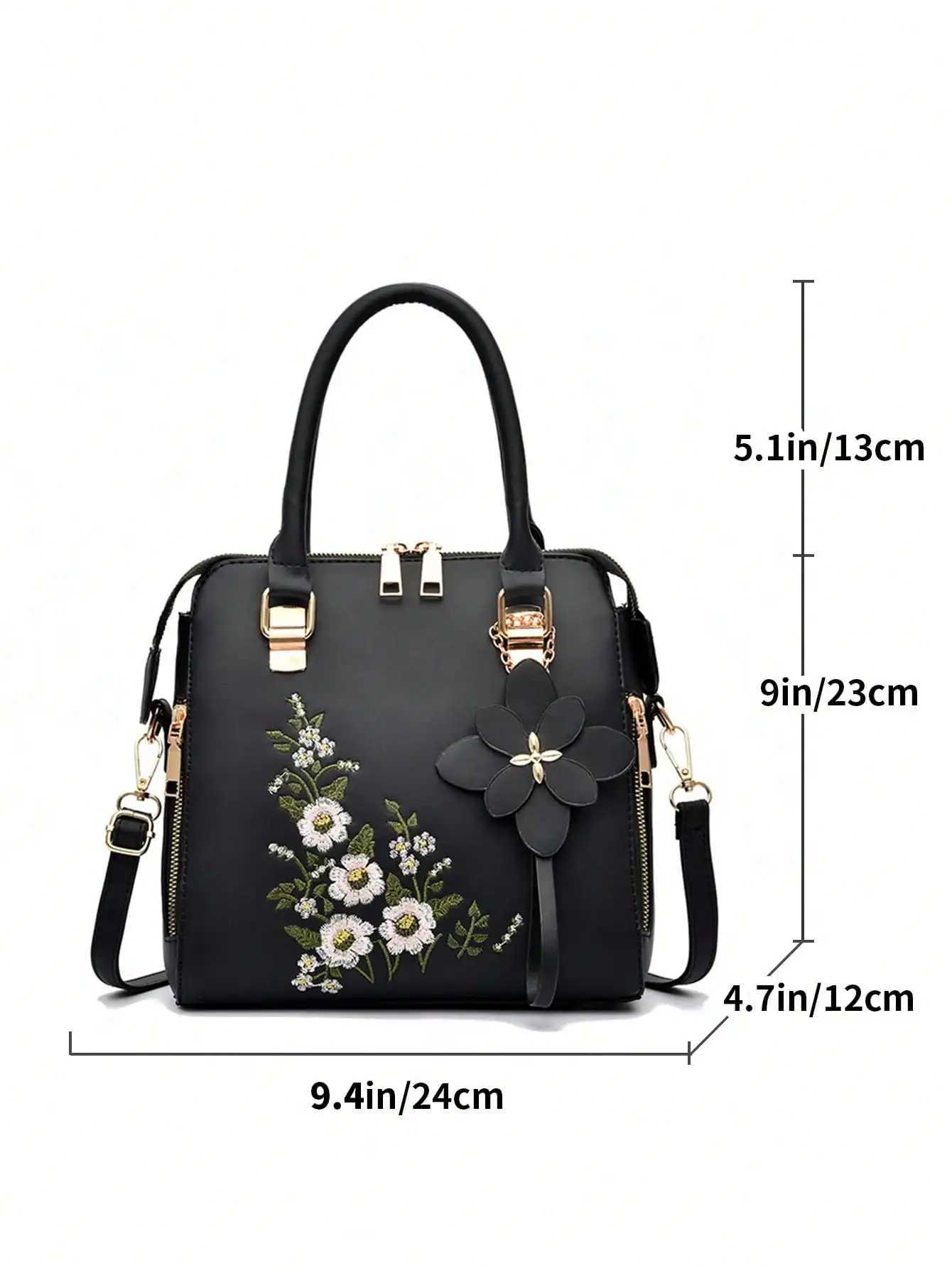 Floral detail shoulder bag fashionable zipper work large capacity handbag casual crossbody bagW250512