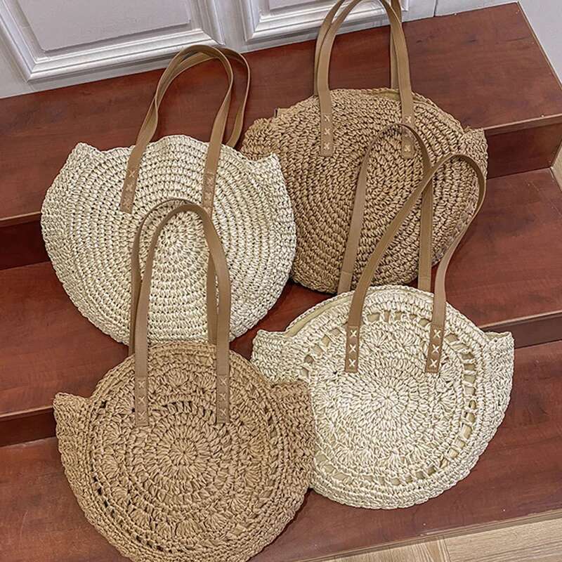 Summer Round Straw Women Vacation Woven Beach Shoulder Large Capacity Hollow Out Simple Tote Bag