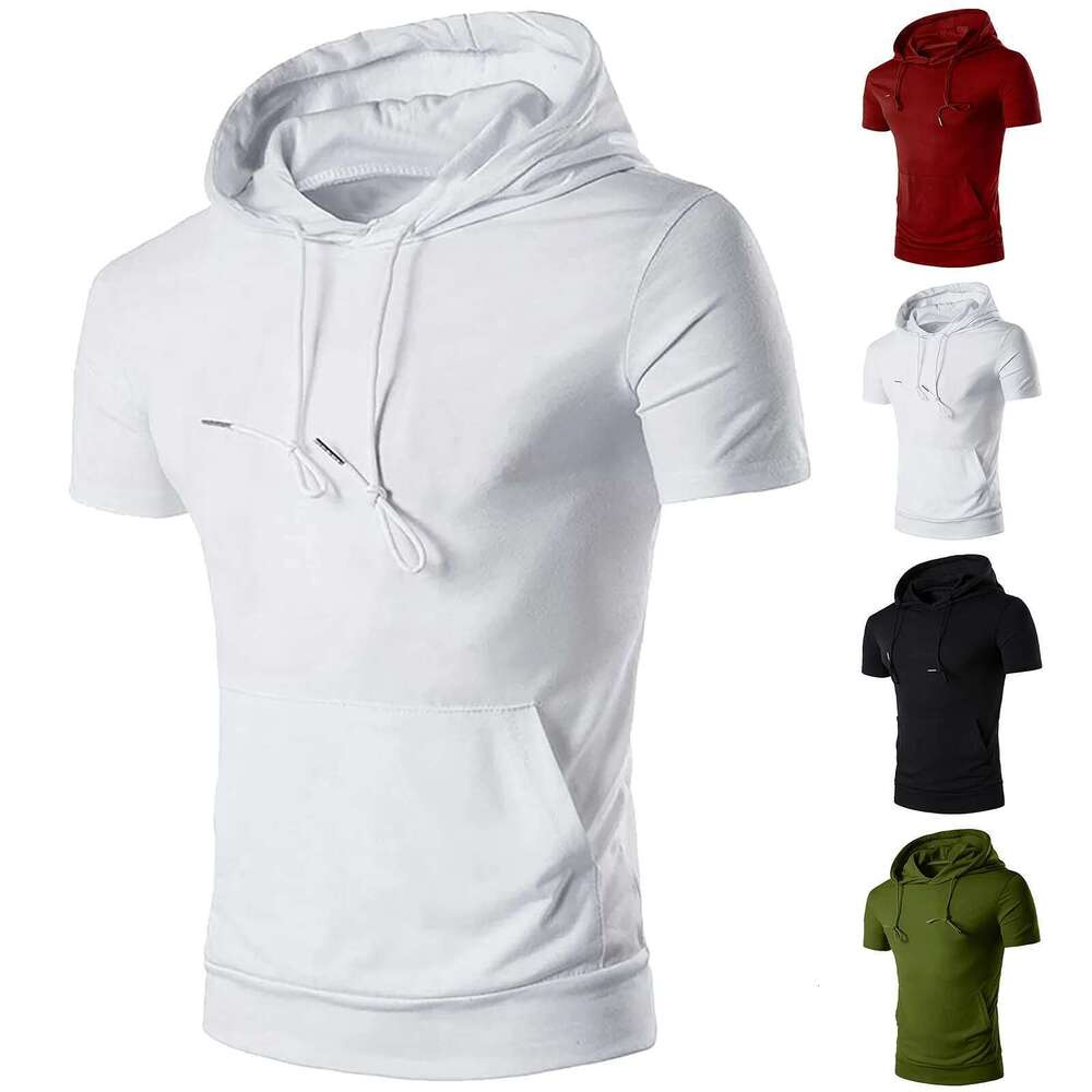 Men's Sport Casual Short Sleeved Hooded Vest Gym Fiess Running Workout Sweatshirt Bodybuilding Clothing Sportswear Pullover Designer