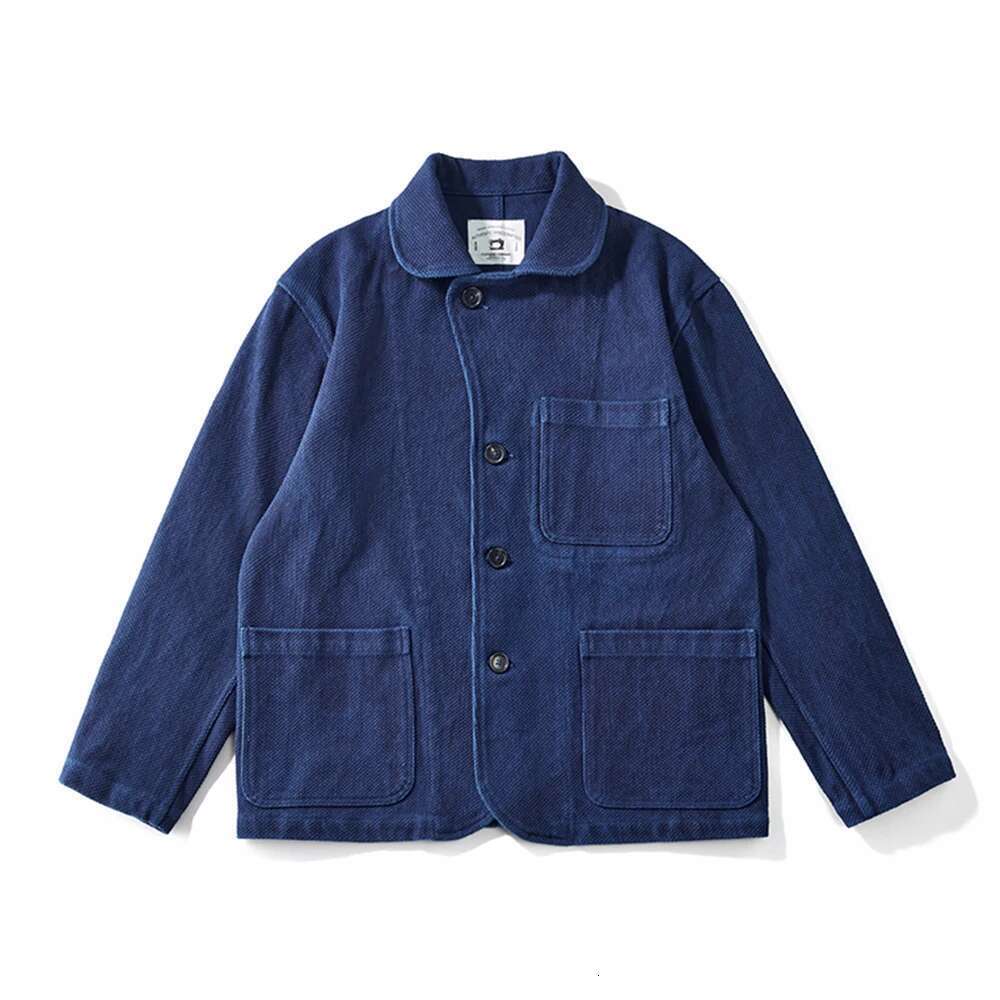 Heavy Weight Indigo Men Autumn Winter Vintage Workwear Tooling Jacket Blue Dyed Kendo Fabric Multi-pocket Cardgian Coat