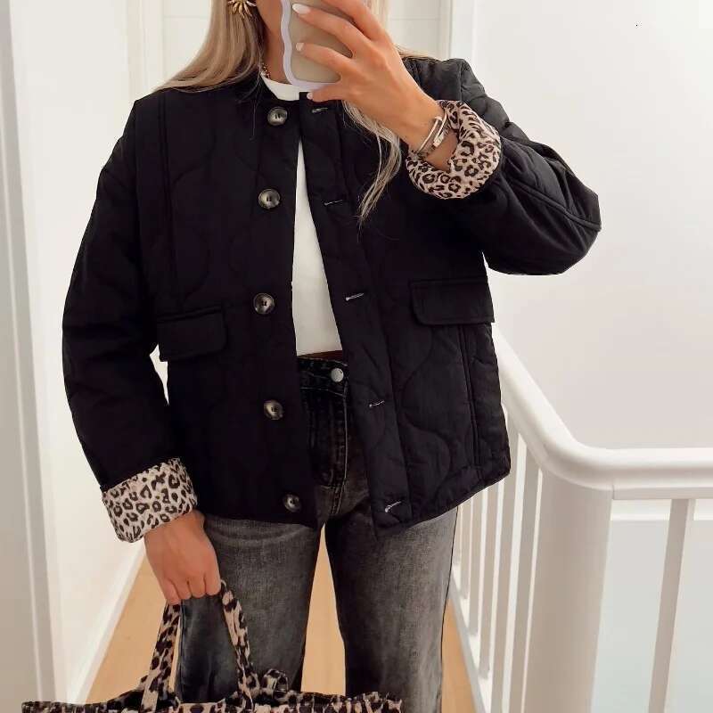 Quilted Single-Breasted Leopard Print Splicing Women's New Winter Fashion Retro Casual Cotton Jacket
