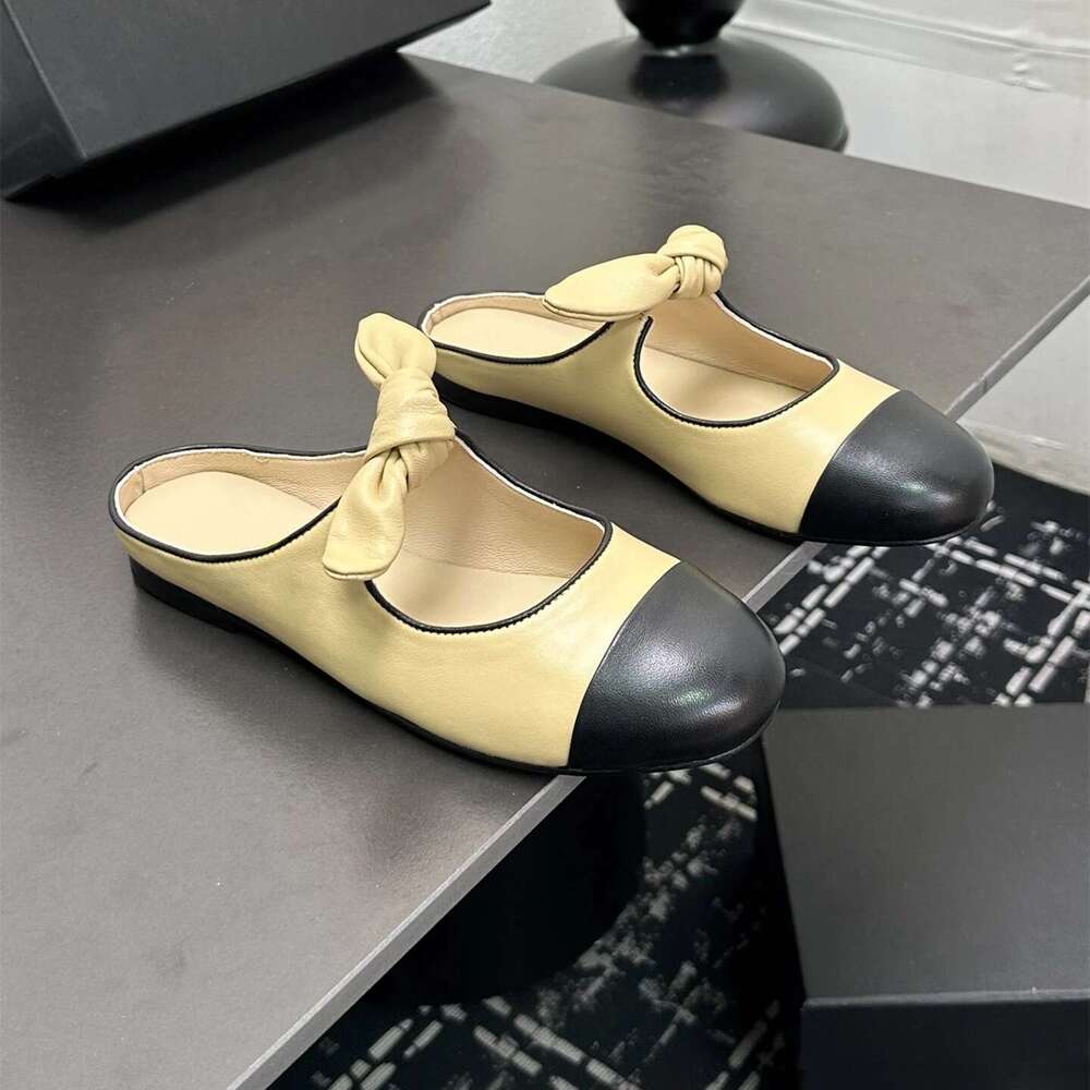 Women Size35-41 Genuine Leather Mules Low Heels Butterfly Knot Slippers Round Toe Slide Designer Shoes Zapatillas De Mujer