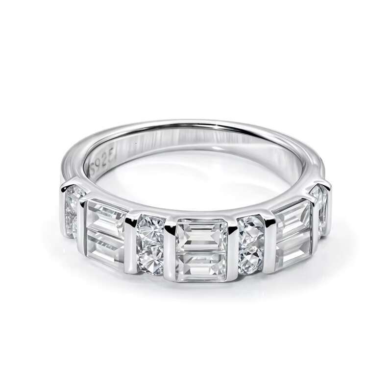 Star Track Promise Rectangle and Round Moissanite Diamond Ring S925 Silver Simple Fashion