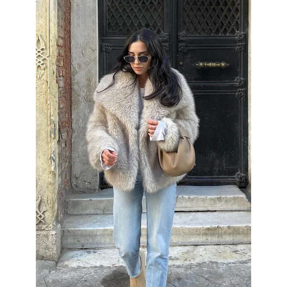 DUOPERI Women Fashion Winter Solid Thick Warm Faux Fur Coat Lapel Collar Long Sleeves Female Chic Lady Casual Outfits