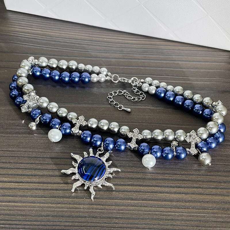 Blue Artificial Gemstone Suower Pendant Necklace Women's New High-end Feel Pearl Fashion Versatile Collarbone Chain