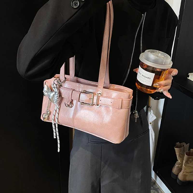 Shiny Leather Retro Handbag For Women Korean Brand Fashion Underarm Bag Commuting Large Capacity Shoulder Bag With Bow Pendant Z250512