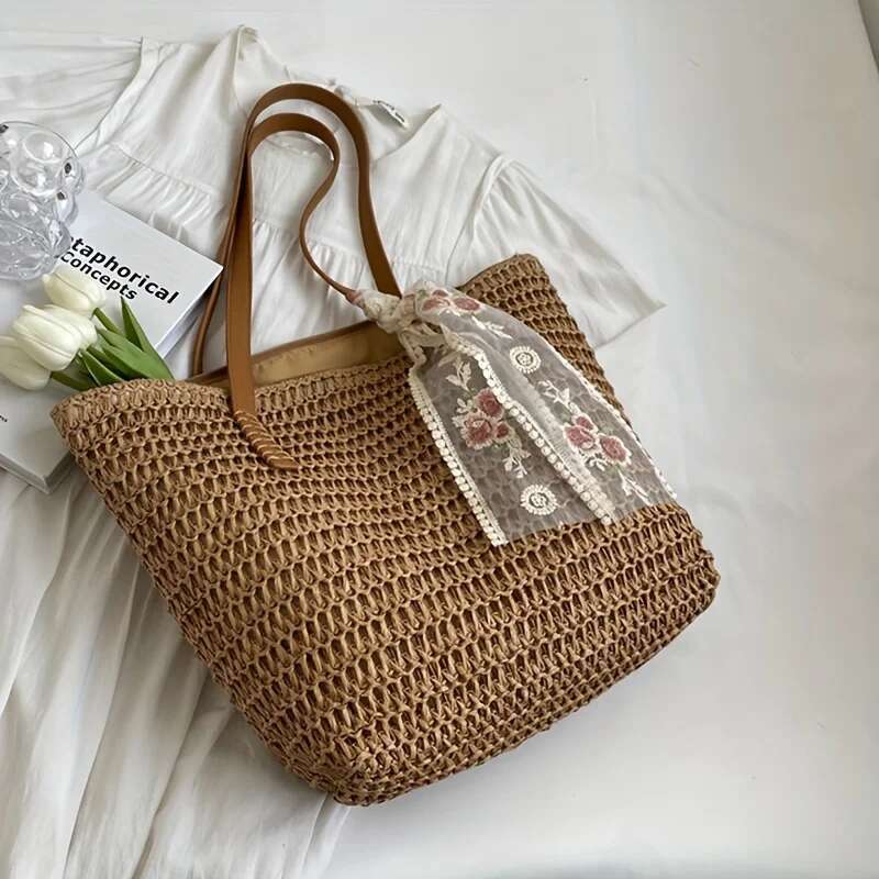 Large Capacity Women's Handbag, Straw Woven Shoulder Summer Versatile Vacation Beach Bag