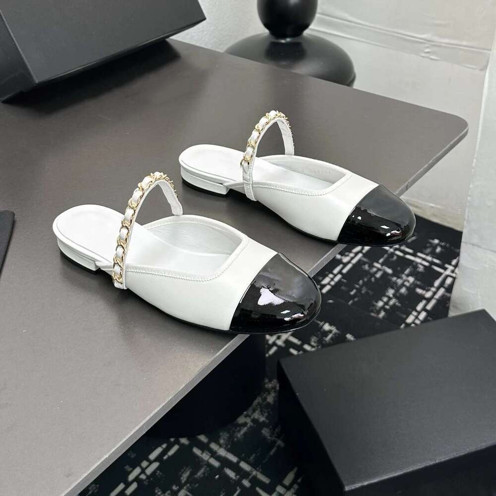 Women Size35-41 Genuine Leather Mules Low Heels Chain Slippers Round Toe Summer Slides Designer Shoes Zapatillas De Mujer