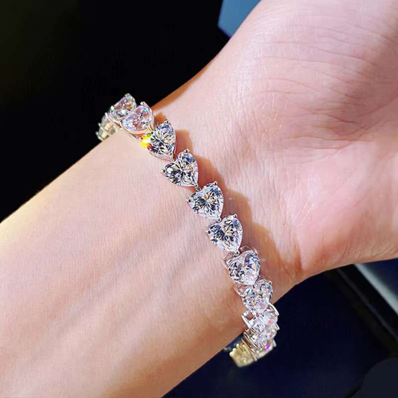 Classic Heart Moissanite Link Chain Bangle D VVS White Moissanite Tennis Bracelet 925 Sterling Silver