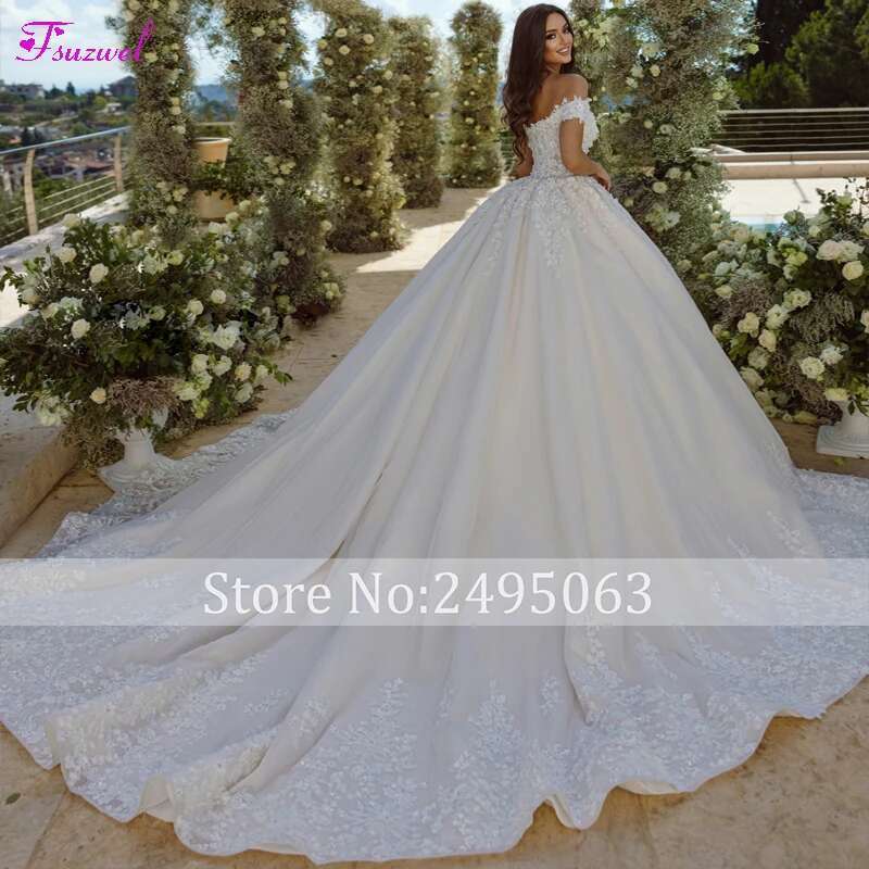 Fsuzwel Exquisite Appliques Court Train Ball Wedding Dress Sexy Off Shoulder Beading Princess Bridal Gown Customized