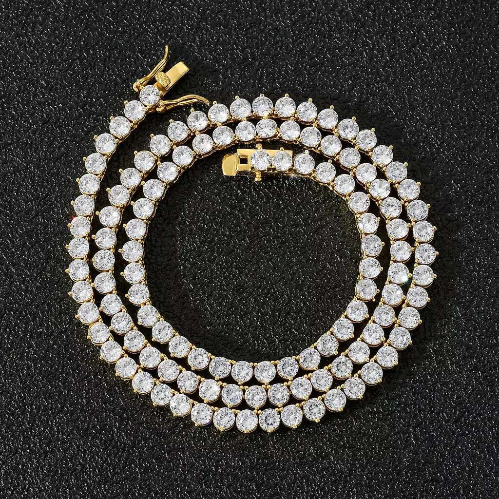 Hip Hop Real Gold Plated 4mm Zircon Tennis Chain Necklace Iced Out Cz Fashion Jewelry