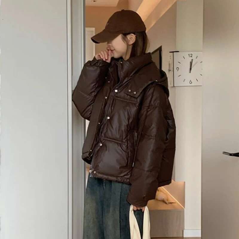 Rimocy American Vintage Brown Short Jacket Fashion Warm Long Sleeve Parkas Woman New Autumn Winter Hooded Puff Coats
