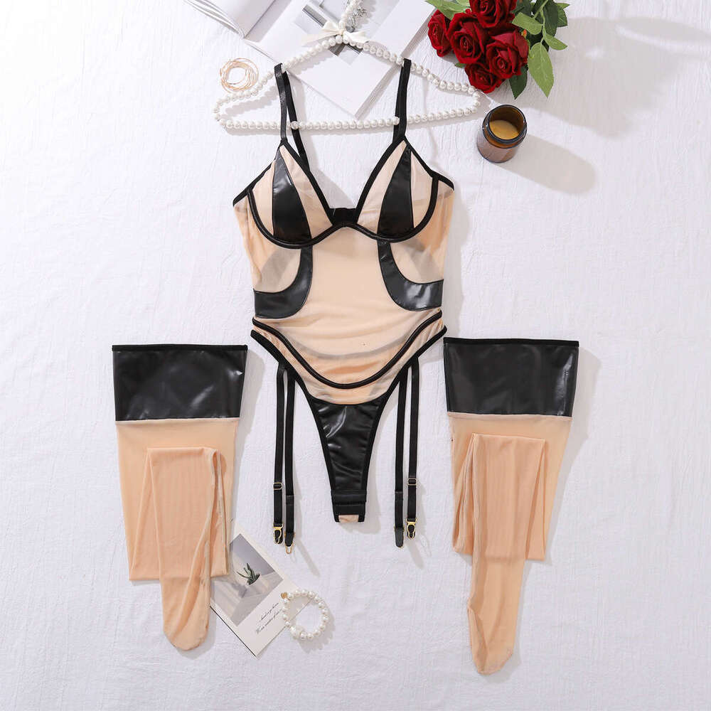 Patent Leather Sexy Lingerie Sexy Mesh PU Leather Patchwork Jumpsuit Leg Socks Ultra Thin Non Removable Lingerie Set KQ